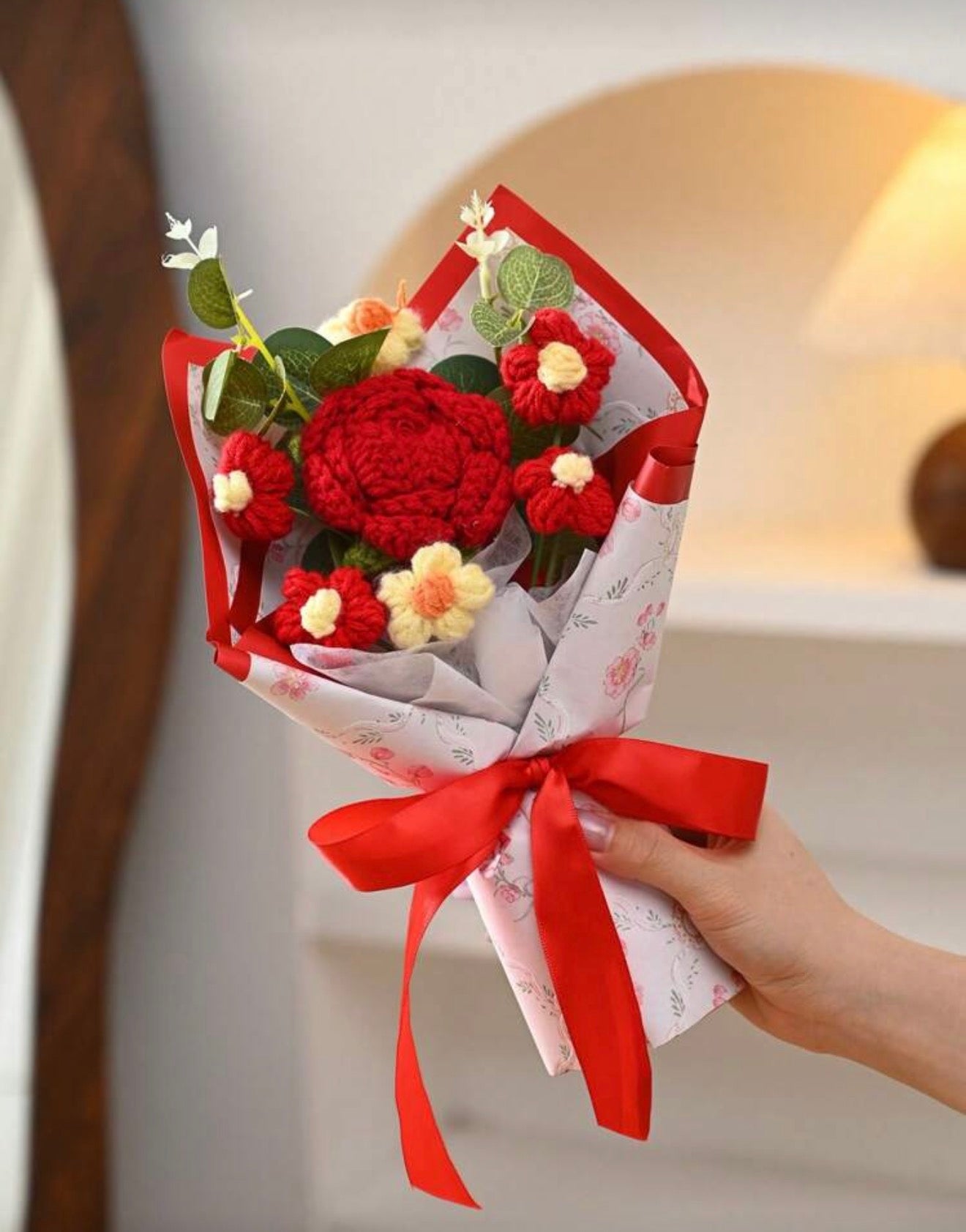 Handmade Pink & Red Crochet Flower Bouquet Forever Bloom Gift