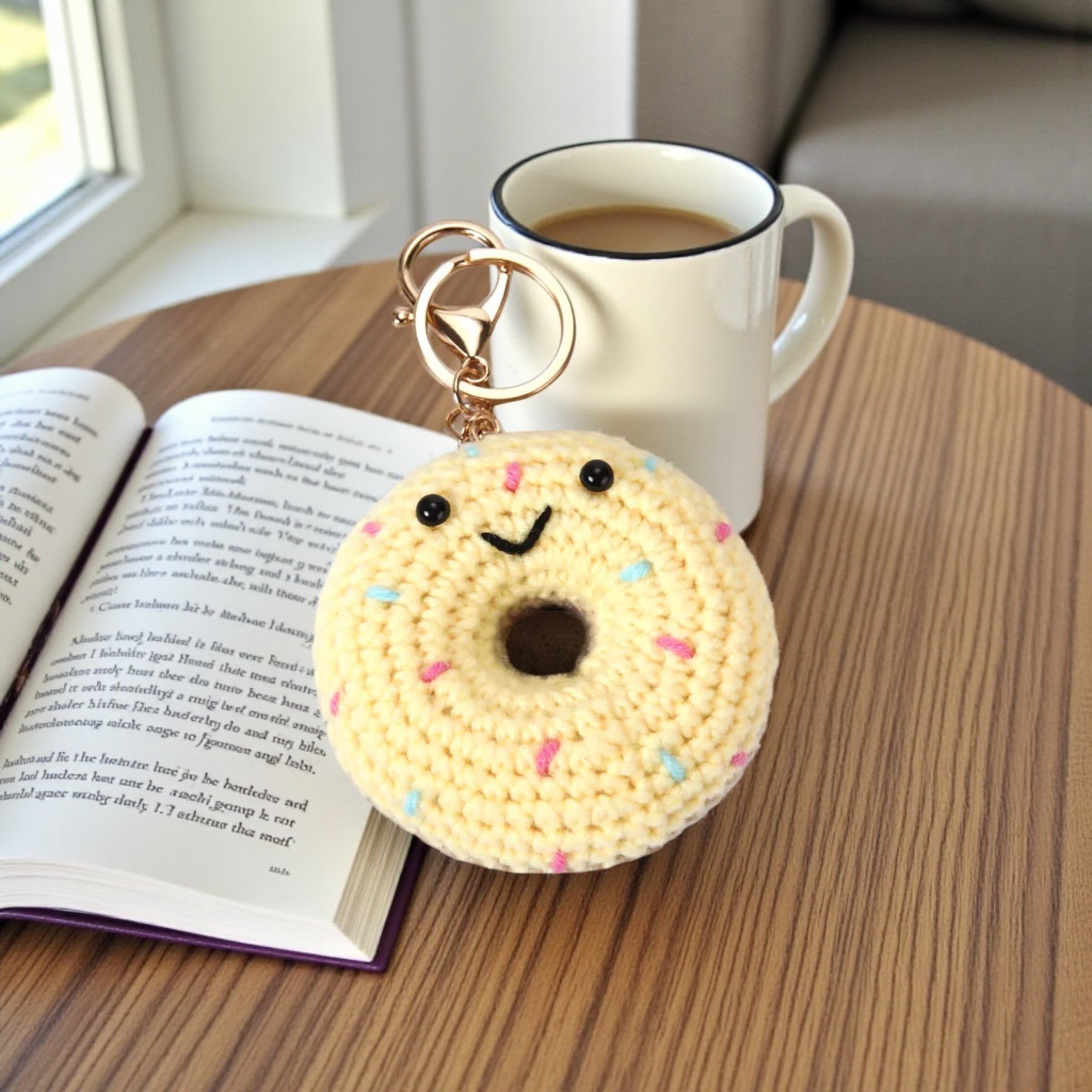 Donut-shaped keychain with sprinkles on a table next to an open book and a mug of coffee.