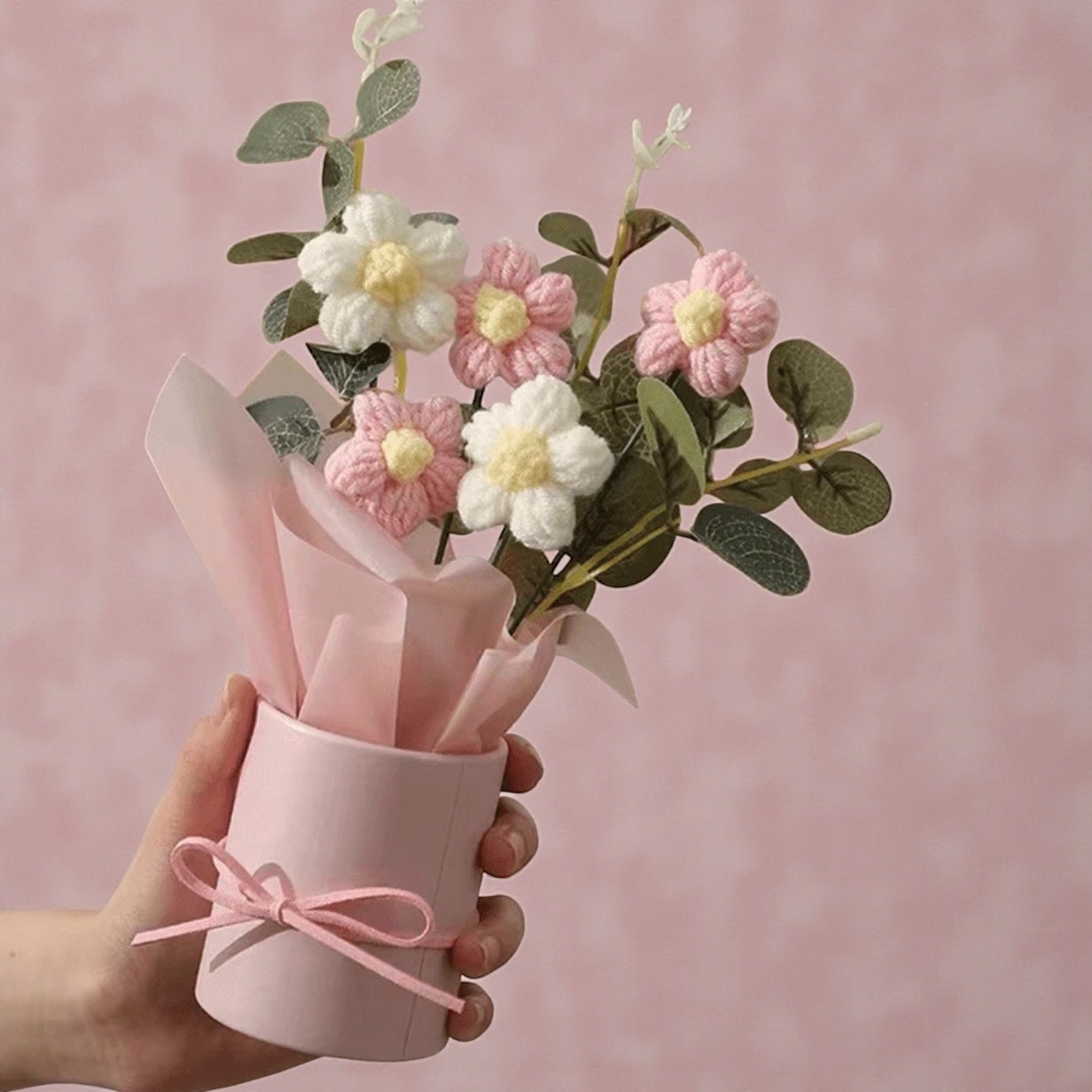 Crochet Flower Bouquet in Pot, Pink & White Floral Gift with Ribbon