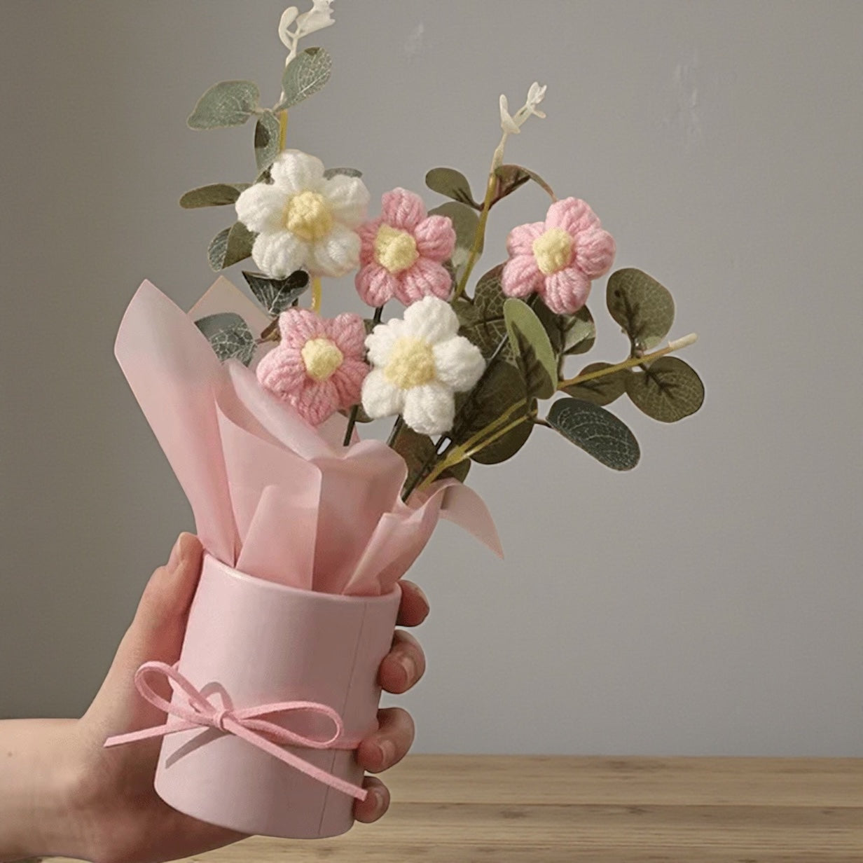Crochet Flower Bouquet in Pot, Pink & White Floral Gift with Ribbon