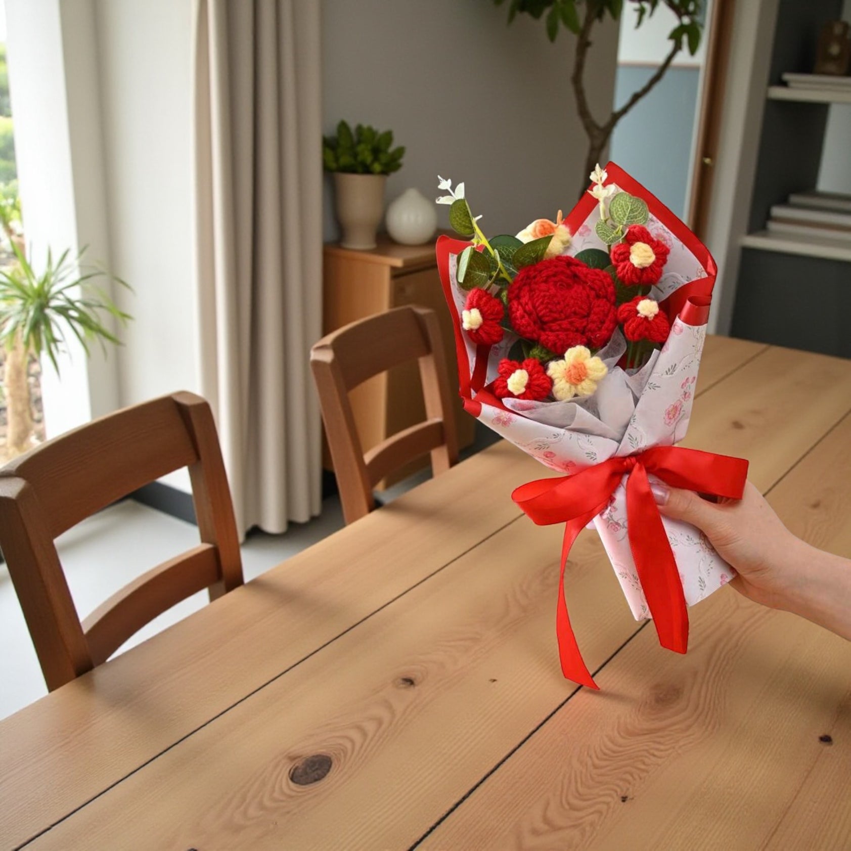 Handmade Pink & Red Crochet Flower Bouquet Forever Bloom Gift