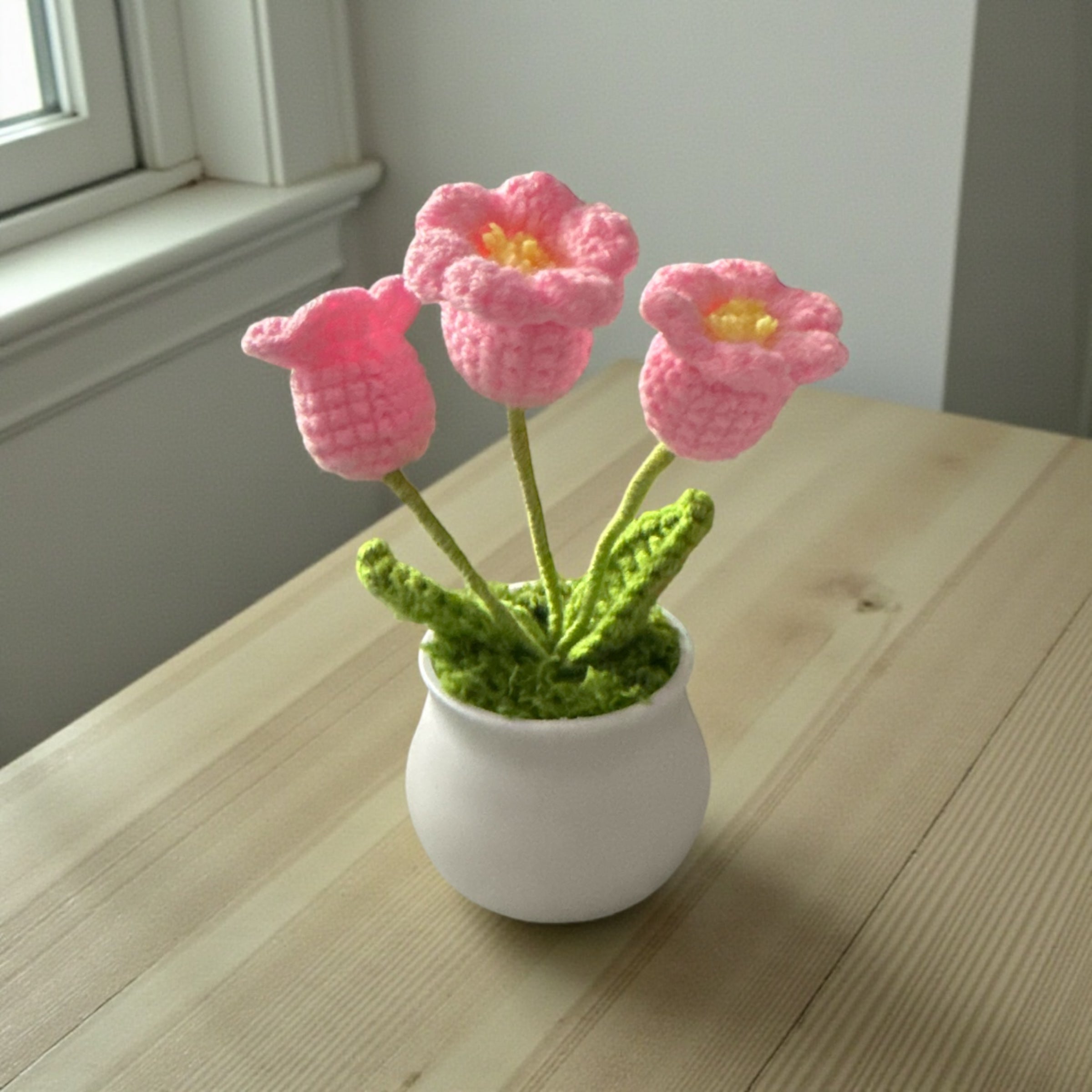 Handmade White Crochet Lily/Tulip Flower Pot, Cute Mini Desk Decor