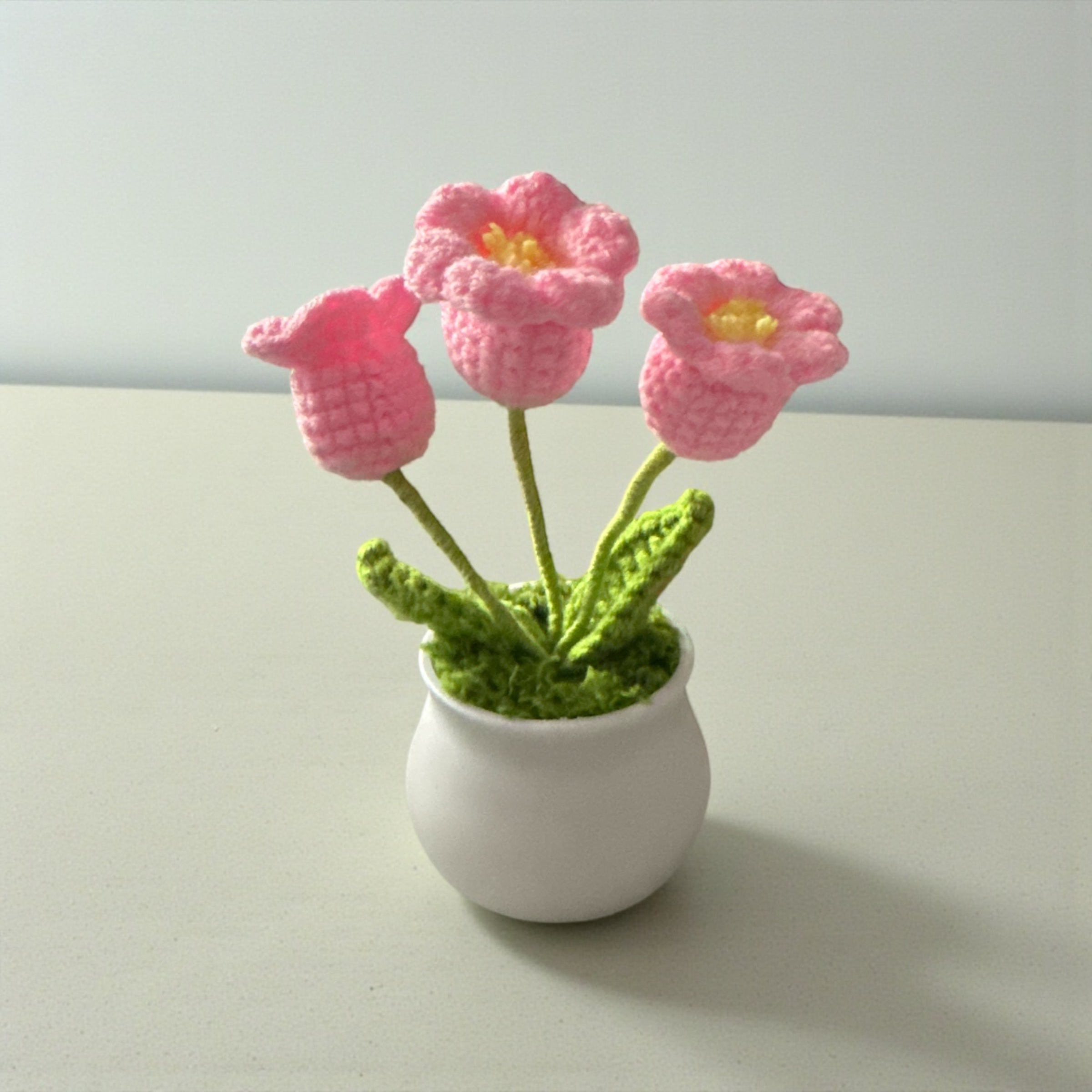 Handmade White Crochet Lily/Tulip Flower Pot, Cute Mini Desk Decor