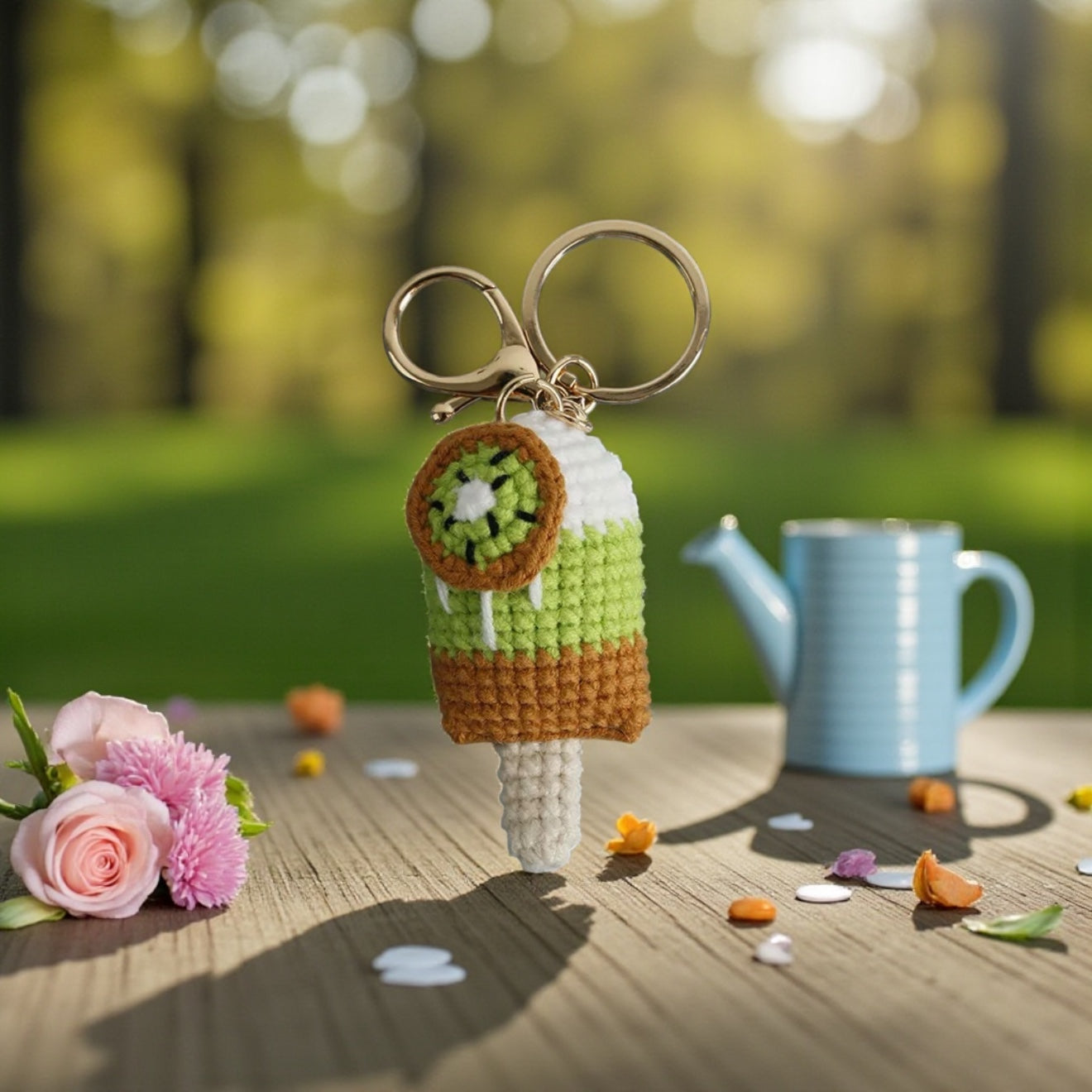 Crocheted cupcake keychain on a wooden surface with a blurred outdoor background