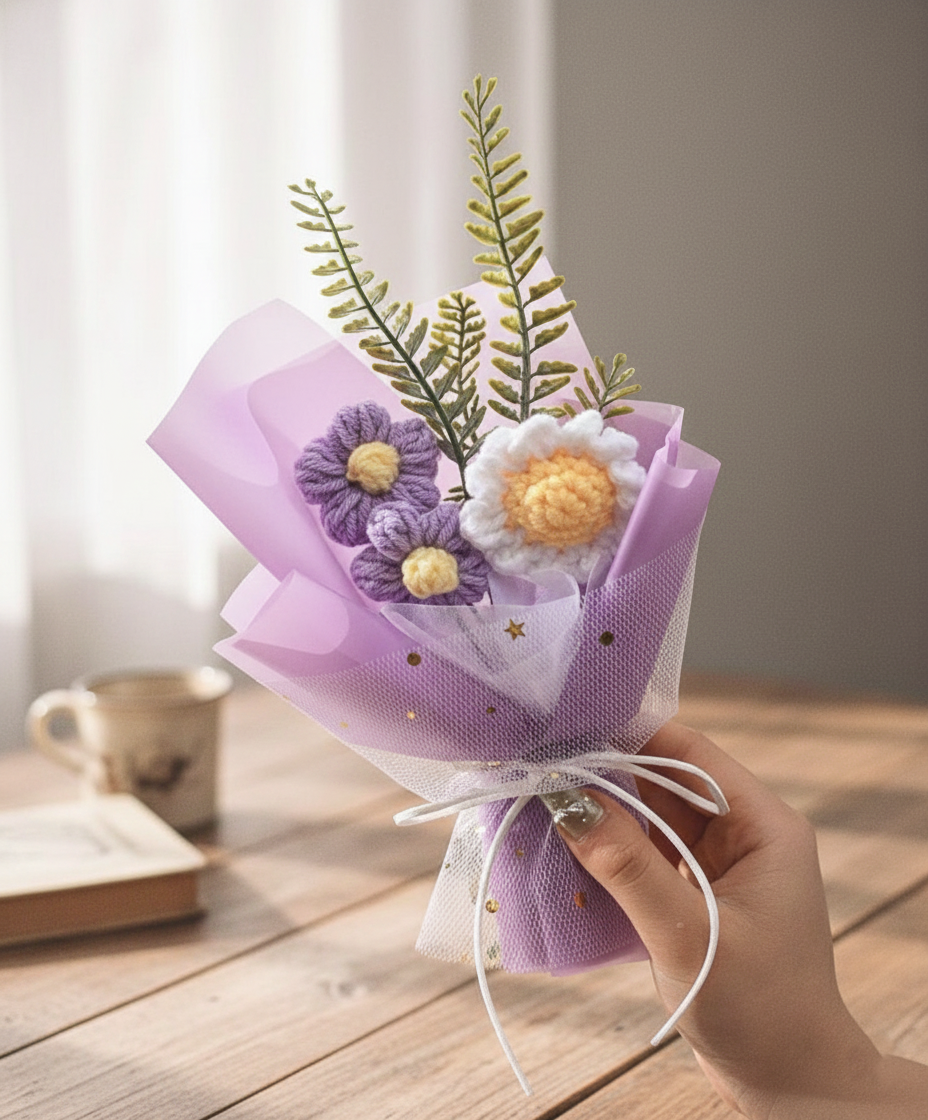 Hand holding a small bouquet with flowers and leaves on a wooden surface.