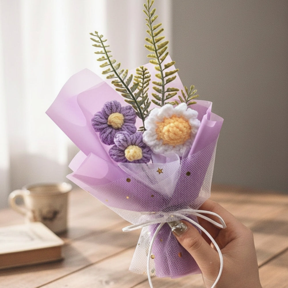 Hand holding a small bouquet of flowers wrapped in purple paper on a wooden surface.