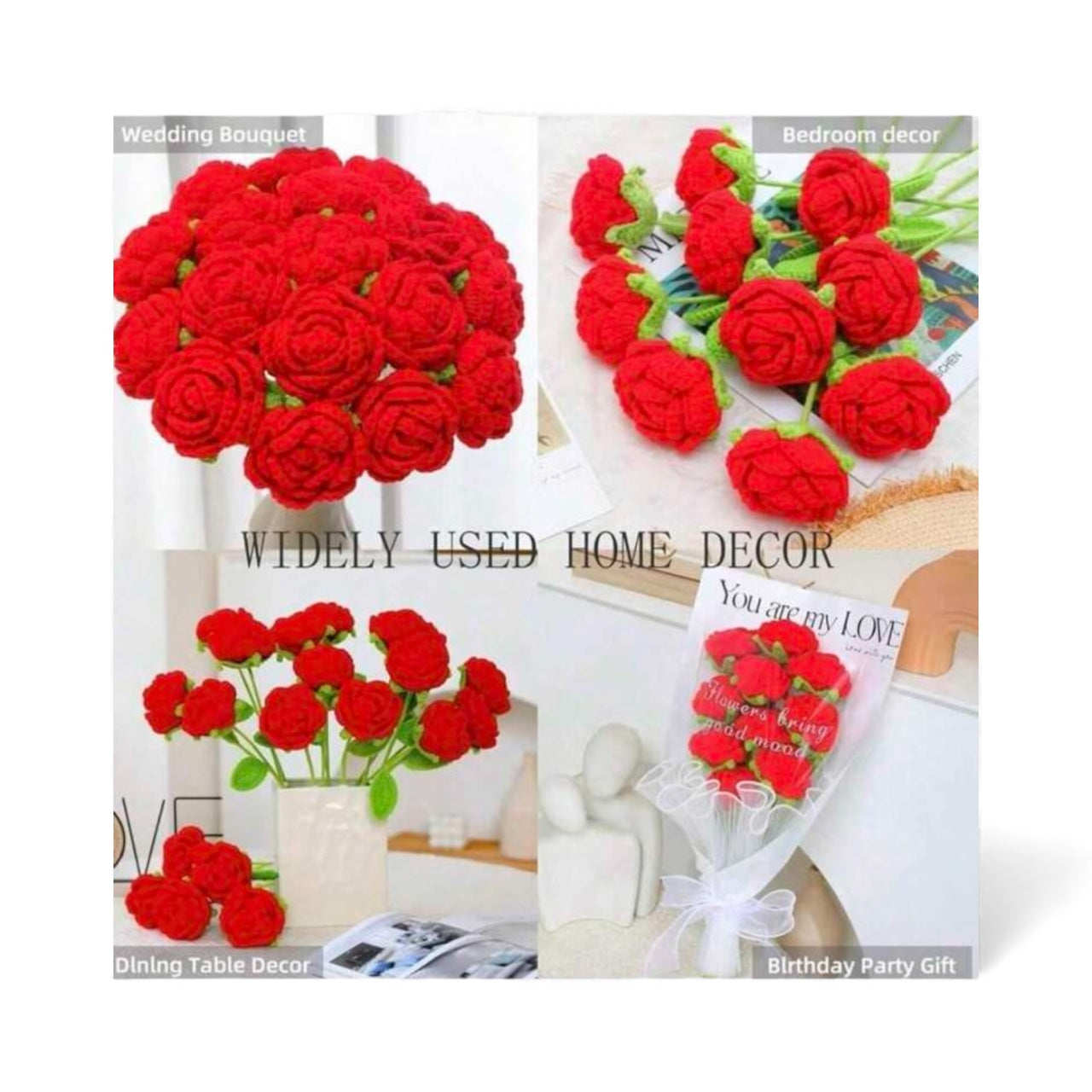 Red flower bouquets used for various home decor purposes on a white background.
