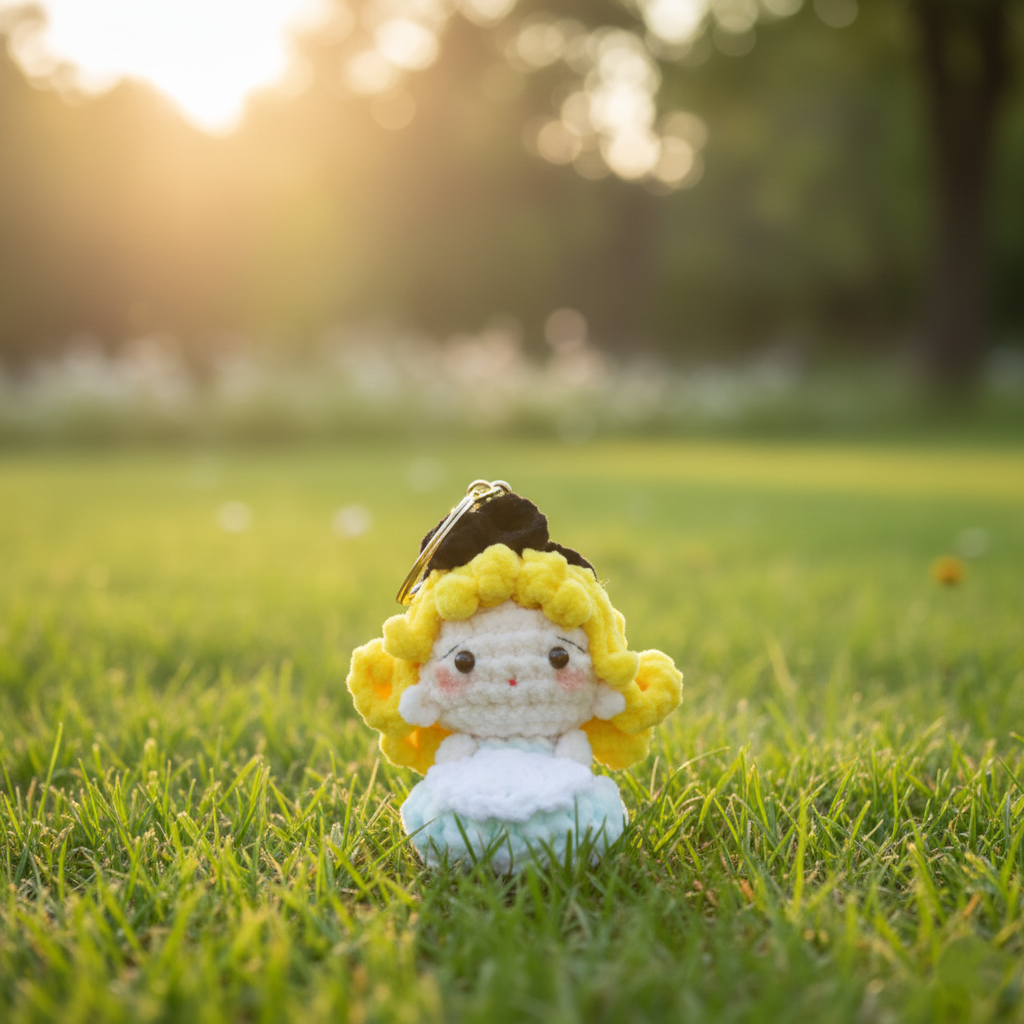 Crocheted doll with yellow hair and white dress on grass with blurred background