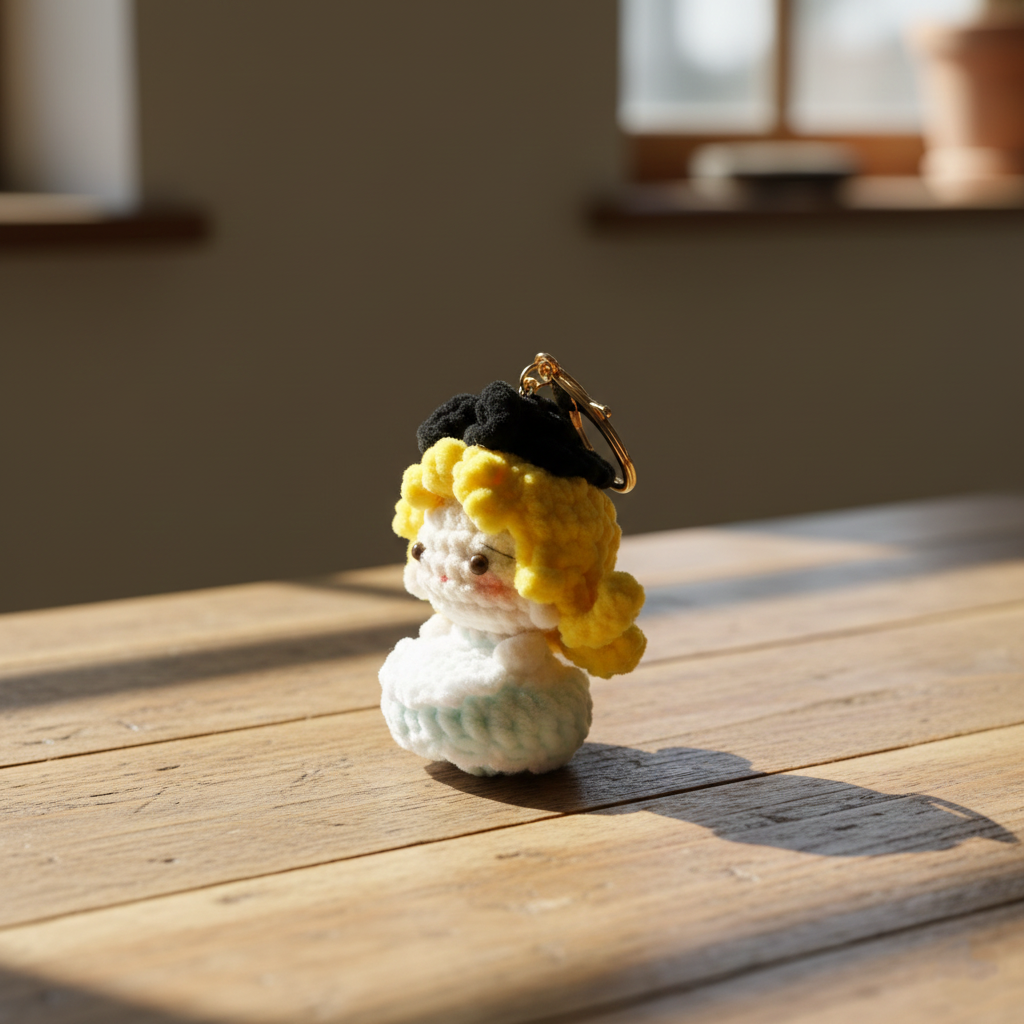 Small crocheted character keychain with a yellow bow on a wooden surface