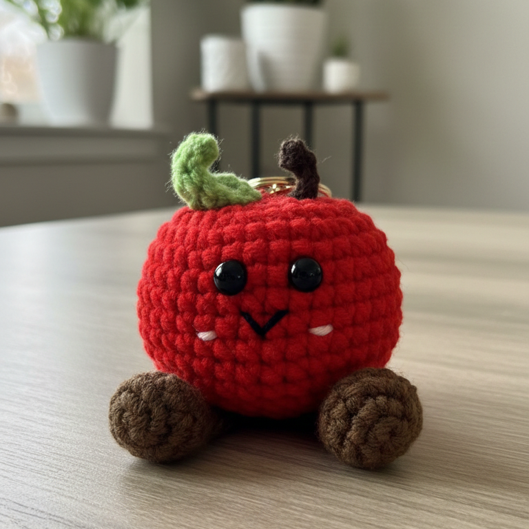 Crocheted apple with face on a wooden surface, plants in the background