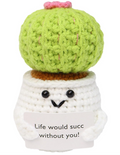 Knitted cactus plant with a small heart on top, white pot, and message 'Life would succ without you!' on a white background.
