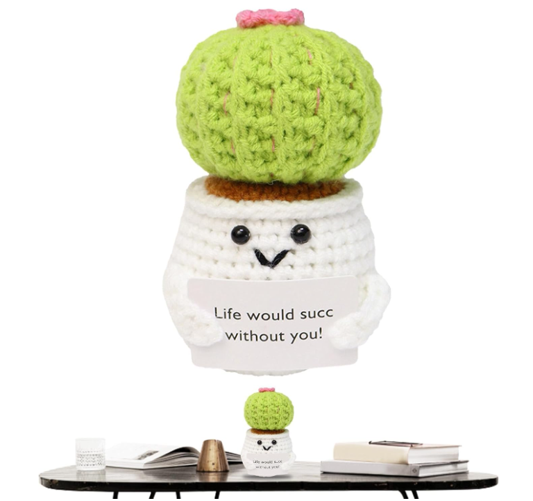 Crocheted cactus plant with a message on a white background