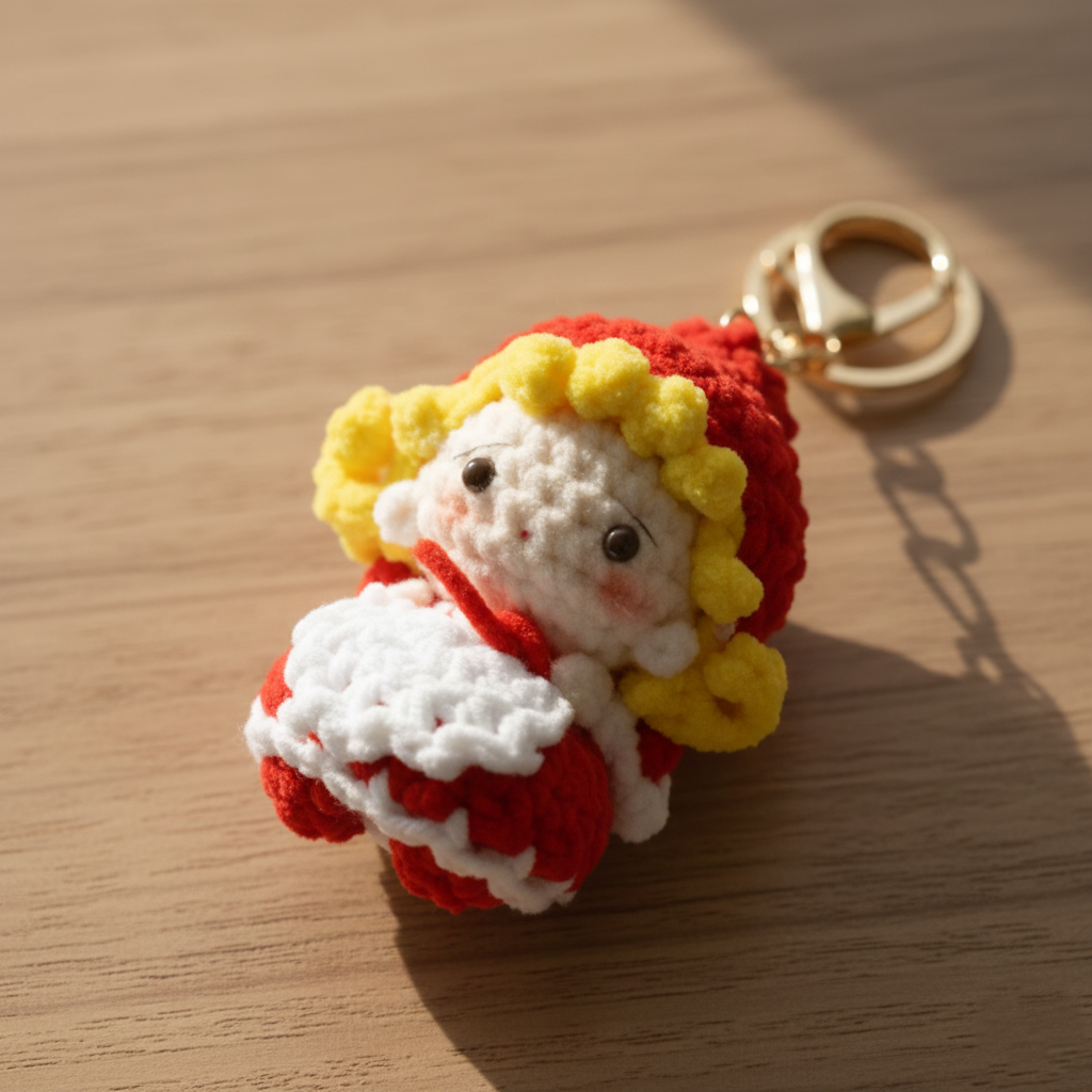 Crocheted keychain with a character wearing a red outfit and yellow hair on a wooden surface.