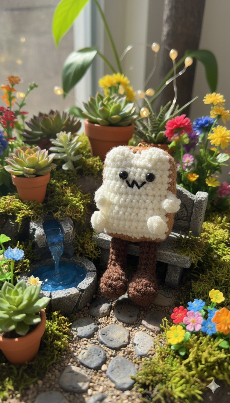 Small crochet ghost toy in a garden setting with potted plants and flowers.