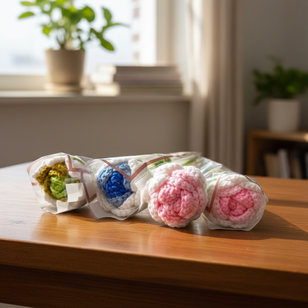 Handmade Crochet Flower Bouquet – Soft Pastel Yarn Roses