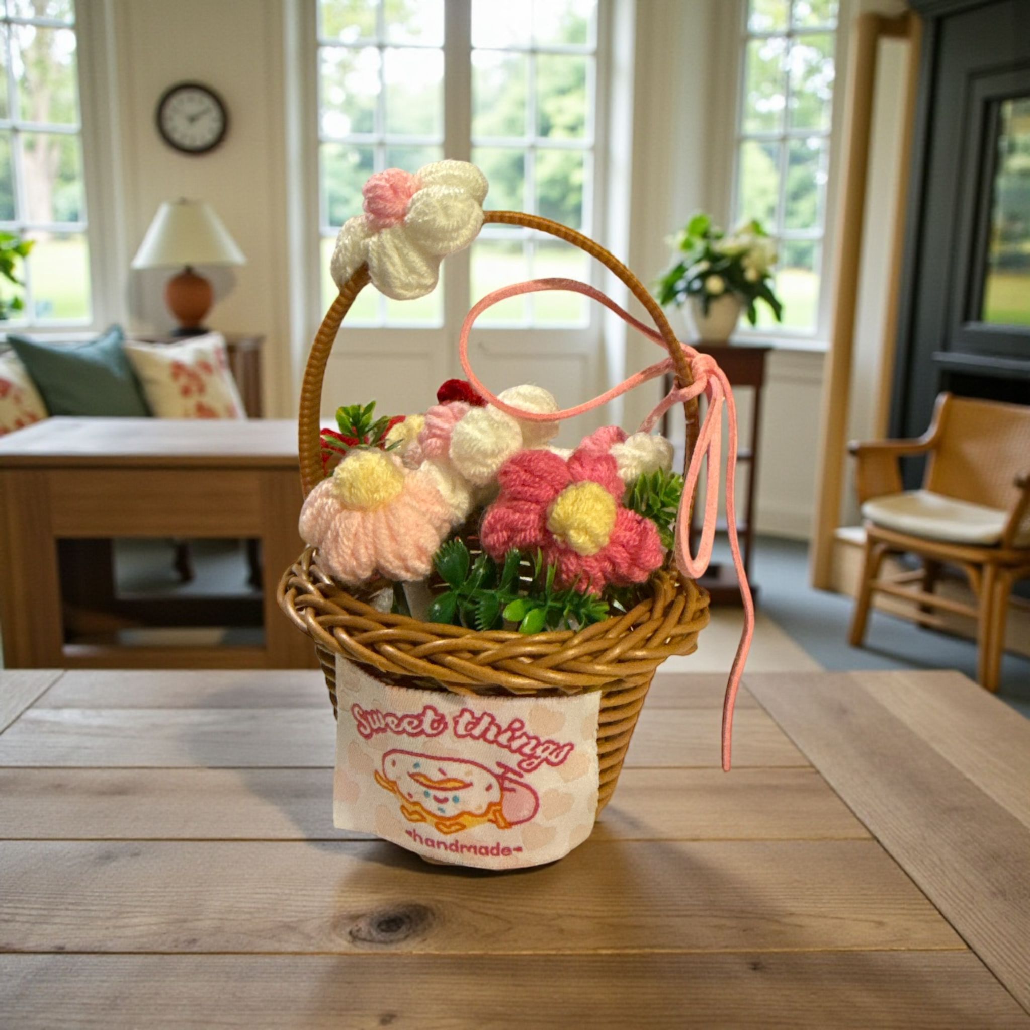 Wicker basket with knitted flowers on a wooden table in a room with large windows.