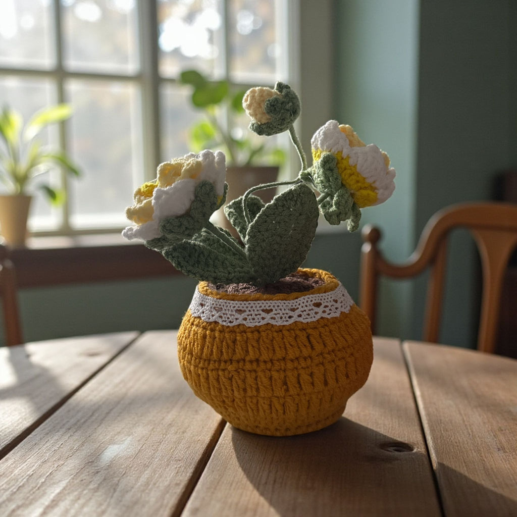 Crocheted potted plant with flowers on a wooden table