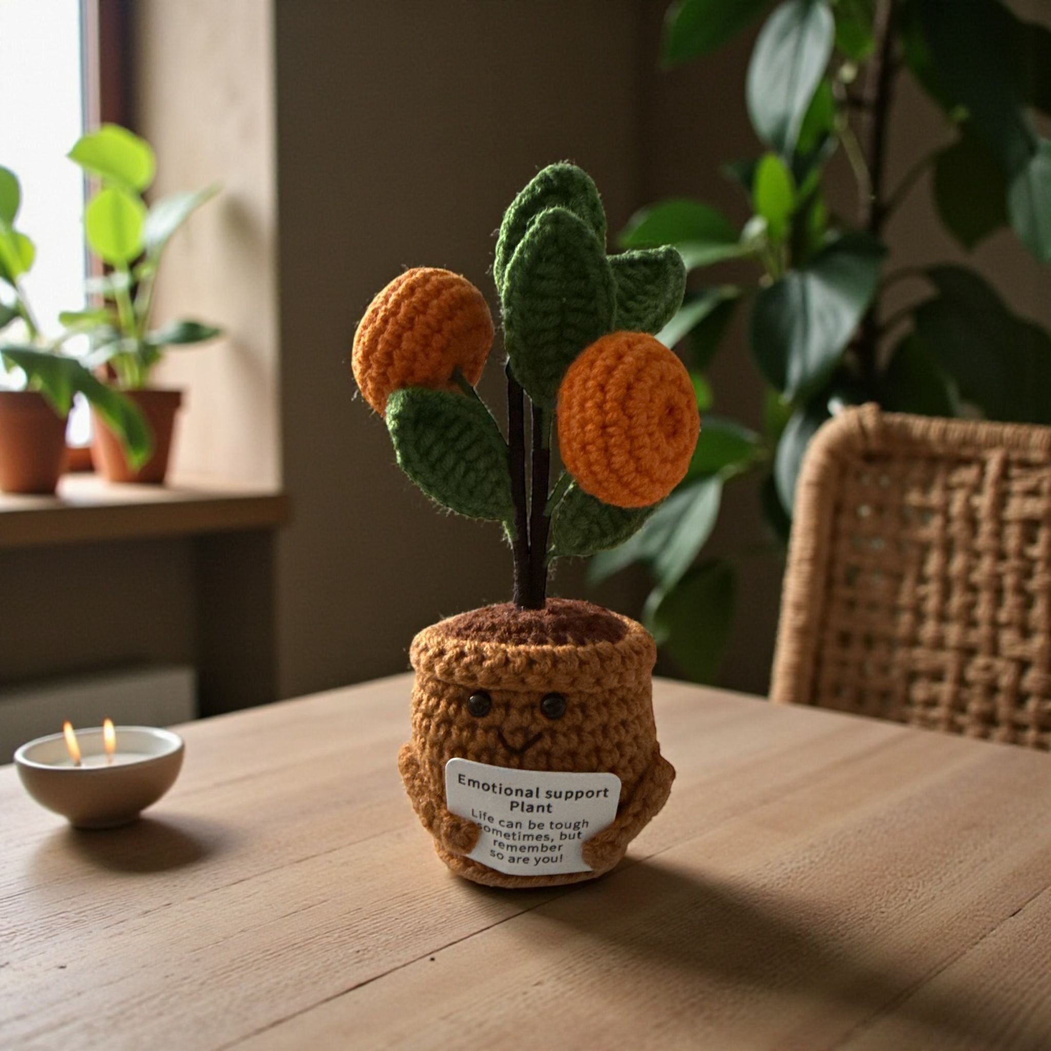 Crocheted emotional support plant on a wooden table with plants in the background