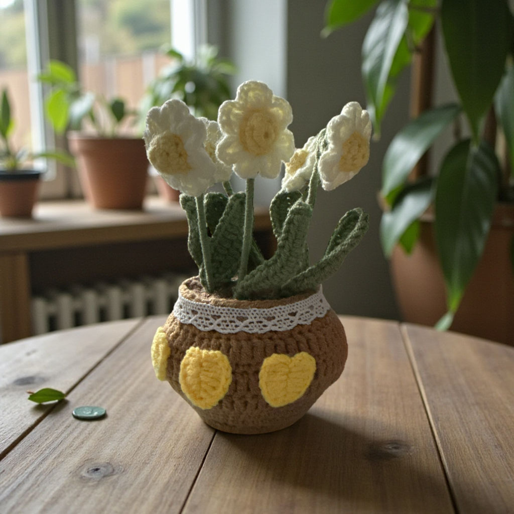 Knitted flower pot with flowers on a wooden table, surrounded by plants.