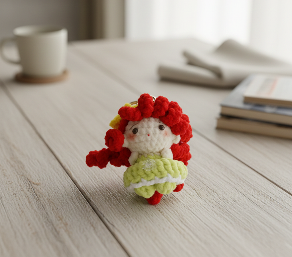 Small crochet doll with red hair on a wooden surface