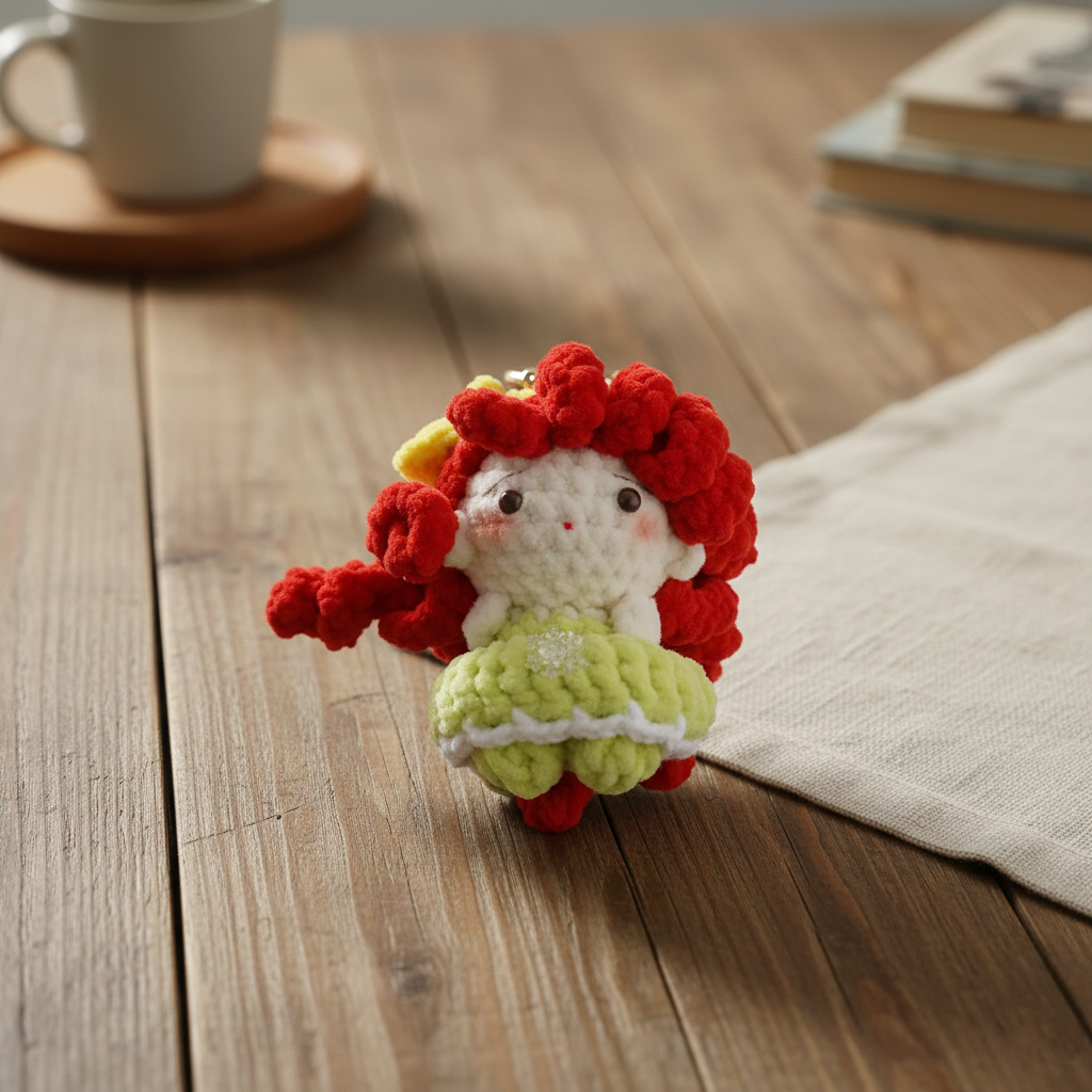 Small crocheted doll with red hair and green dress on a wooden surface.