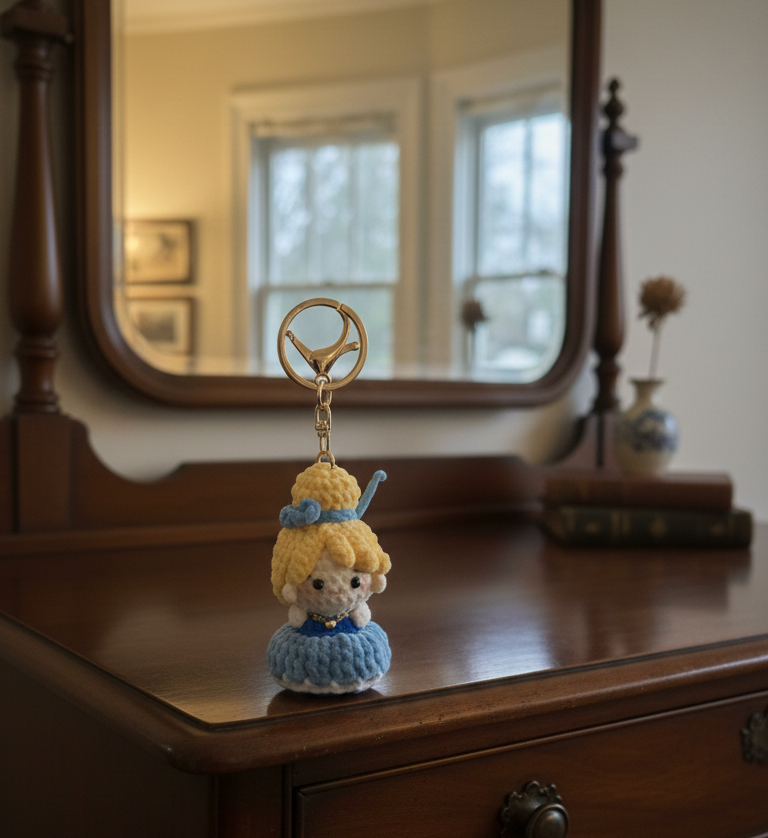 Crocheted keychain of a character with blonde hair and a blue dress on a wooden surface.