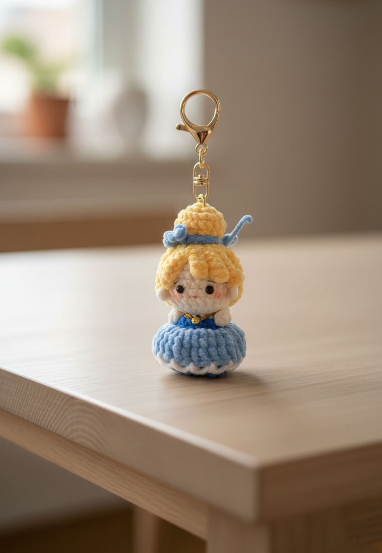 Crocheted keychain with blonde hair and blue dress on a wooden surface