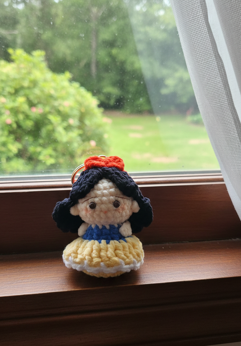 Crocheted Snow White figurine on a windowsill with a garden view.