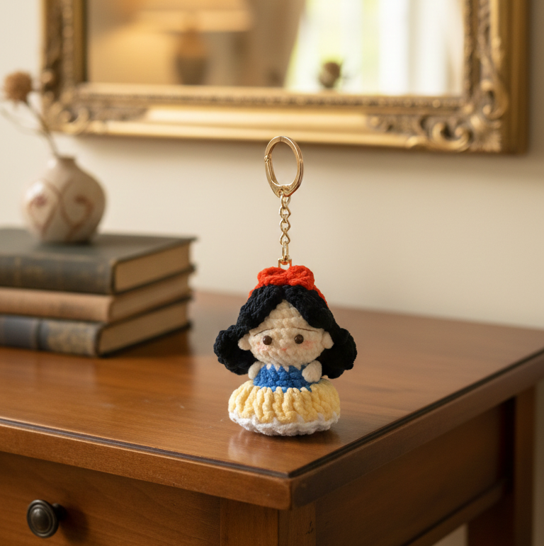 Crocheted Snow White keychain on a wooden surface with books and a mirror in the background