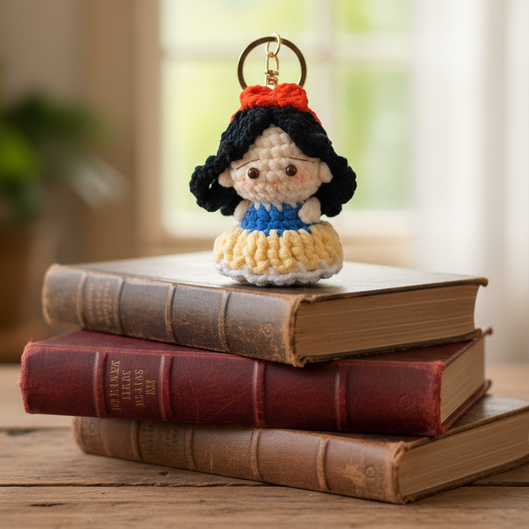 Crocheted character keychain on a stack of books with a blurred background