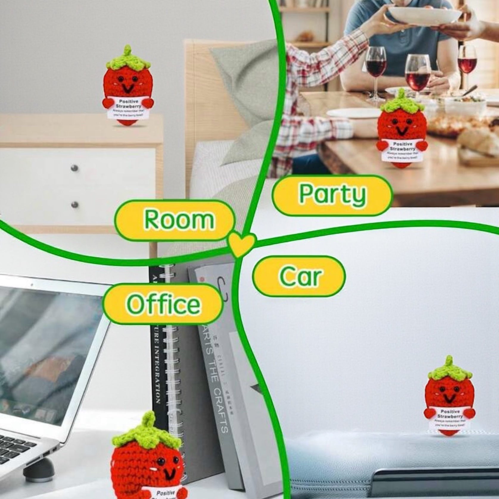 Sticker with a tomato character on various surfaces including a laptop, books, and a car interior.
