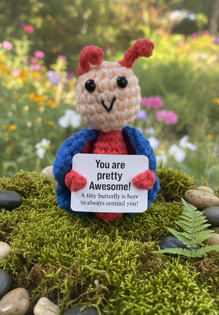 Crocheted butterfly figure with a message card in a garden setting