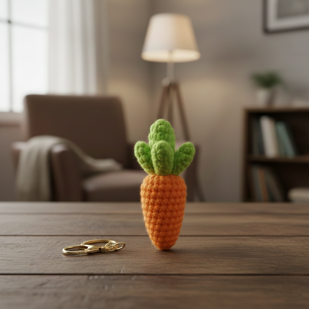 Crocheted carrot with green top on a wooden table in a cozy room.