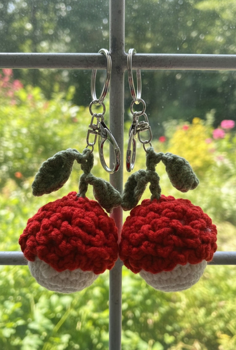 Crocheted earrings resembling red berries with green leaves against a blurred natural background