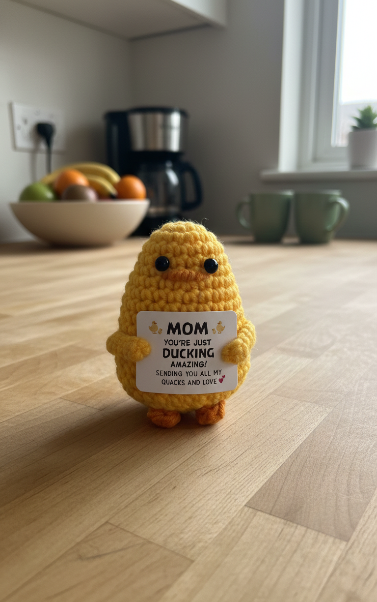 Small yellow plush toy with a label on a wooden floor in a kitchen.