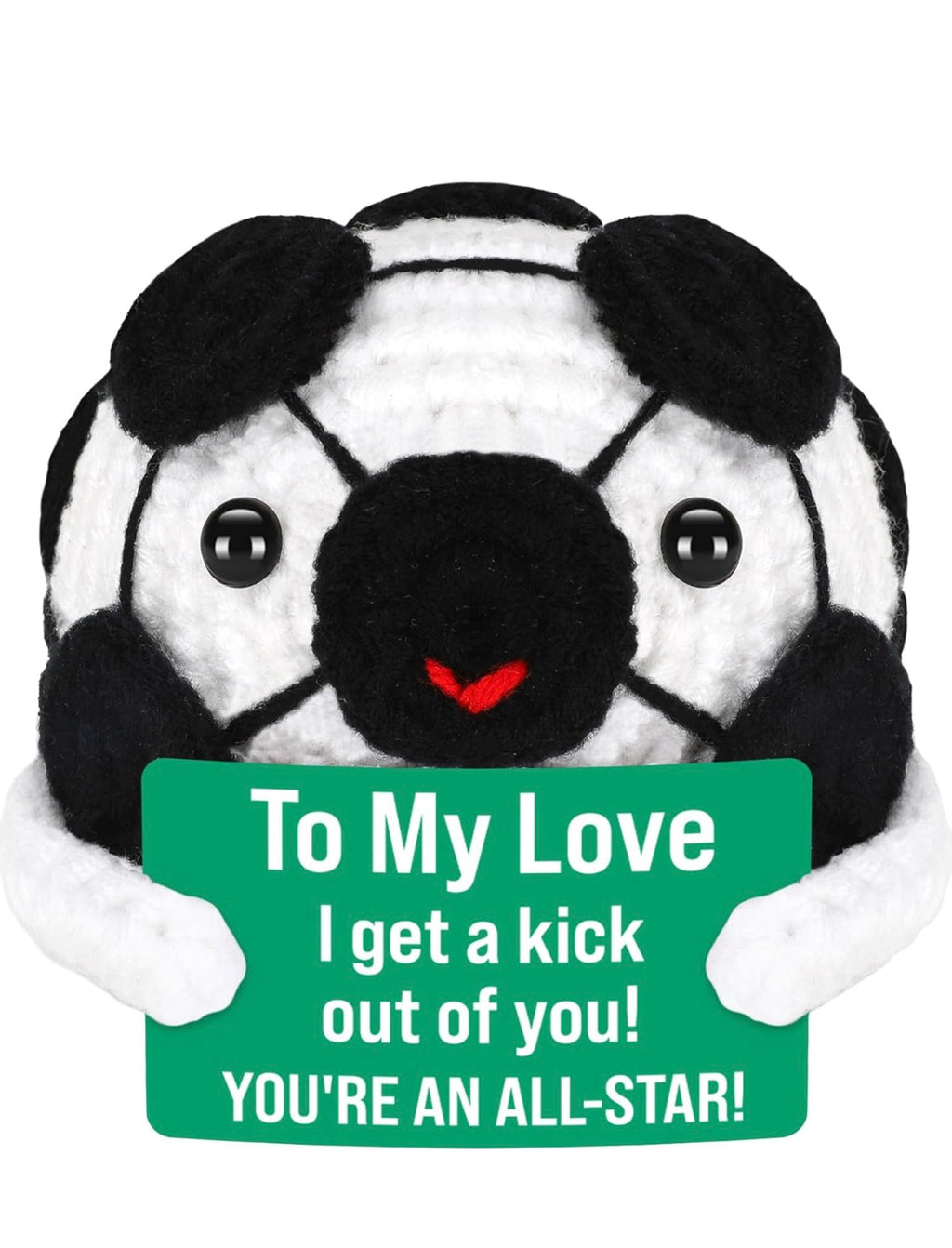 Plush soccer ball with a face holding a sign saying 'To My Love I get a kick out of you! YOU'RE AN ALL-STAR!' on a white background.