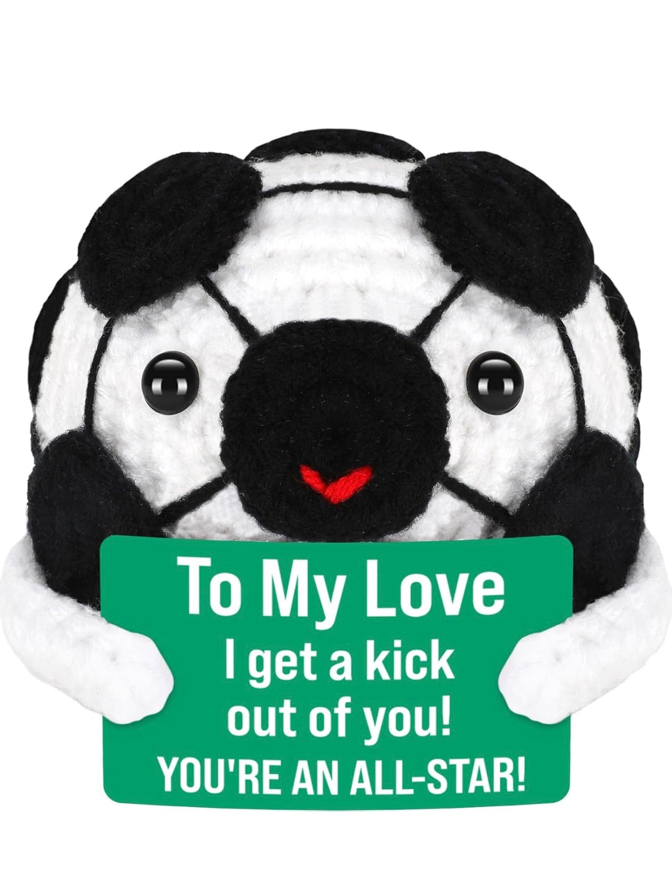 Plush soccer ball with a face holding a sign saying 'To My Love I get a kick out of you! YOU'RE AN ALL-STAR!' on a white background.