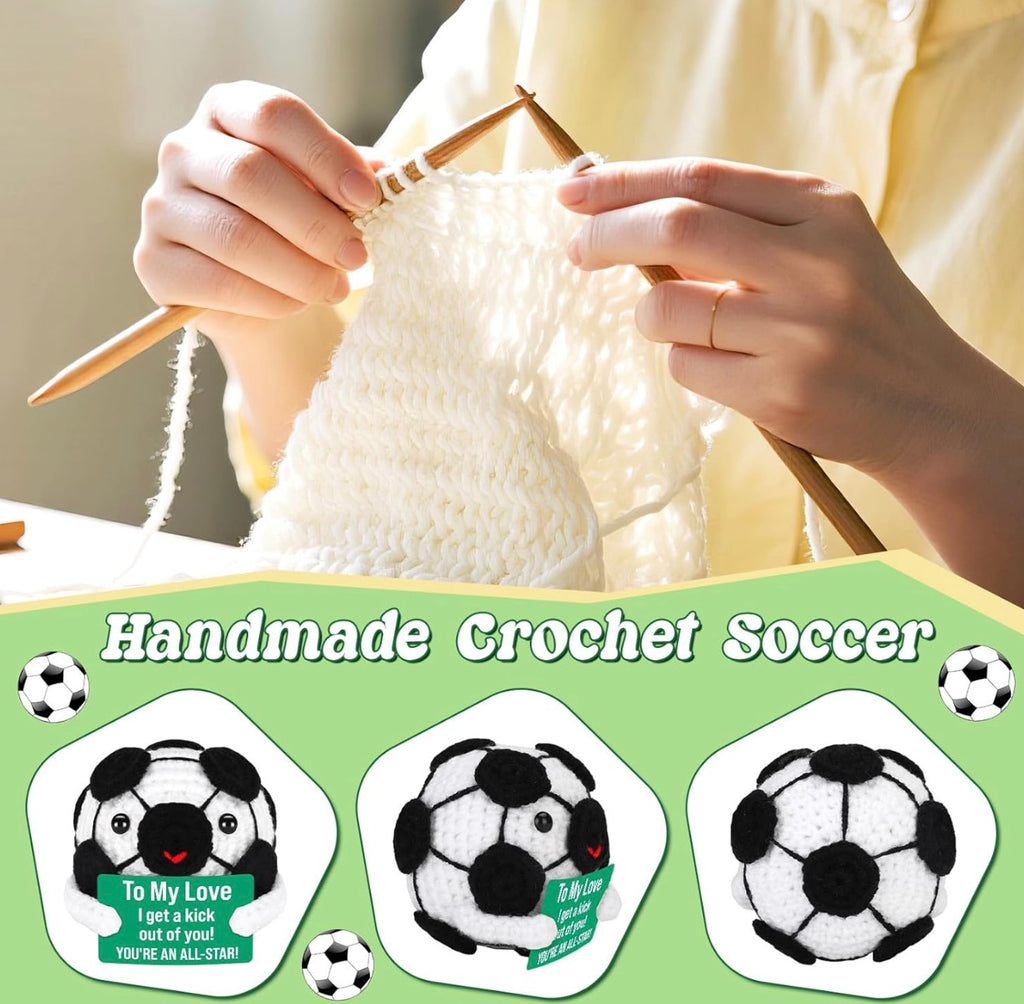 Person knitting a white item with text 'Handmade Crochet Soccer' and soccer-themed stickers.