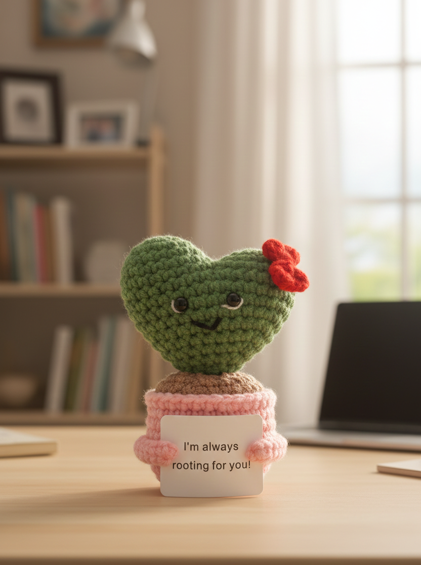 Heart-shaped crocheted cactus with a red flower on a desk with a laptop and books in the background.