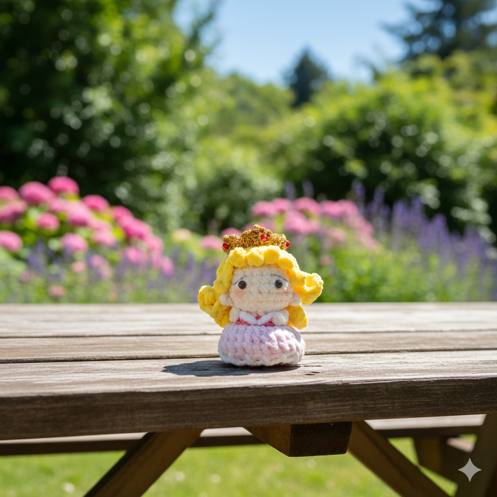 Crocheted doll with a crown on a wooden table in a garden setting