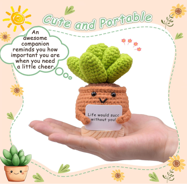 Small crocheted succulent plant held in a hand with decorative text and illustrations.