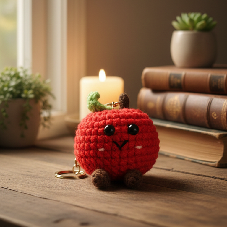 Red crochet apple keychain on a wooden surface with books and plants in the background