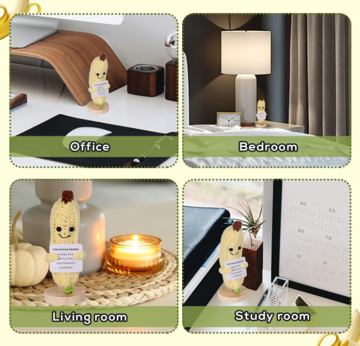 Banana-shaped decorative item in various room settings with labels.