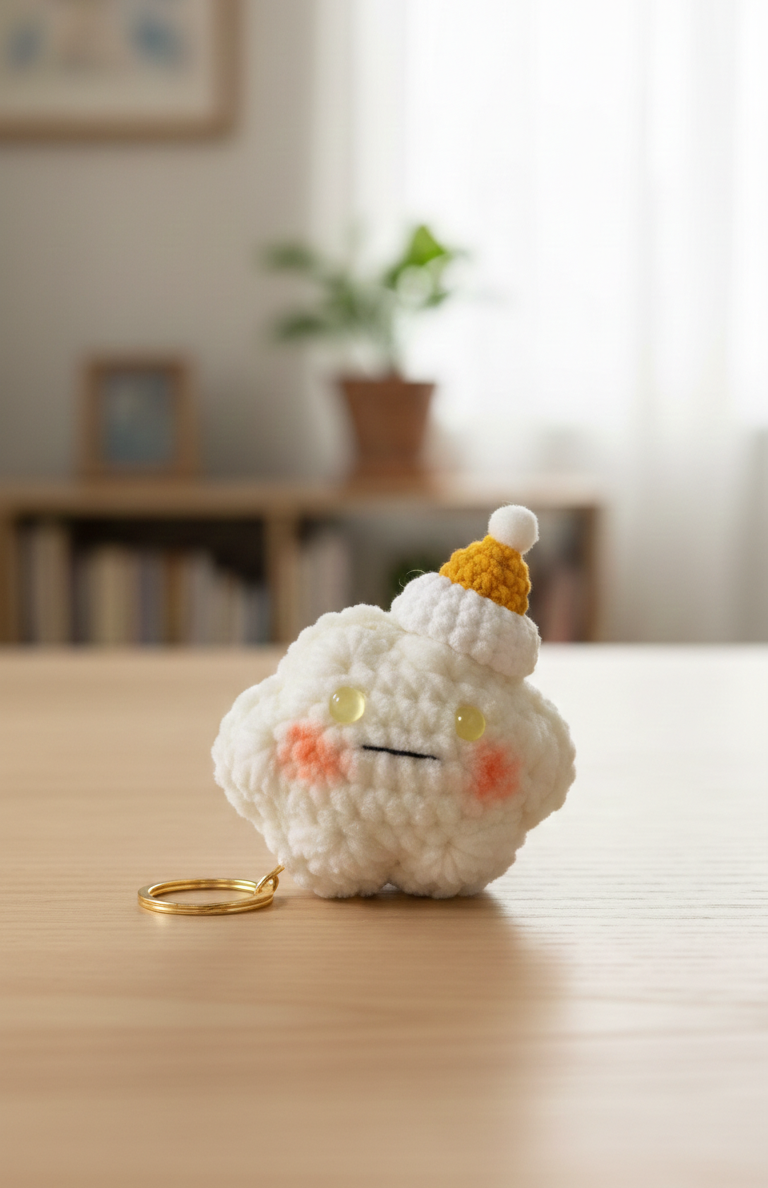 Crocheted cloud-shaped keychain with a small yellow hat on a wooden surface.