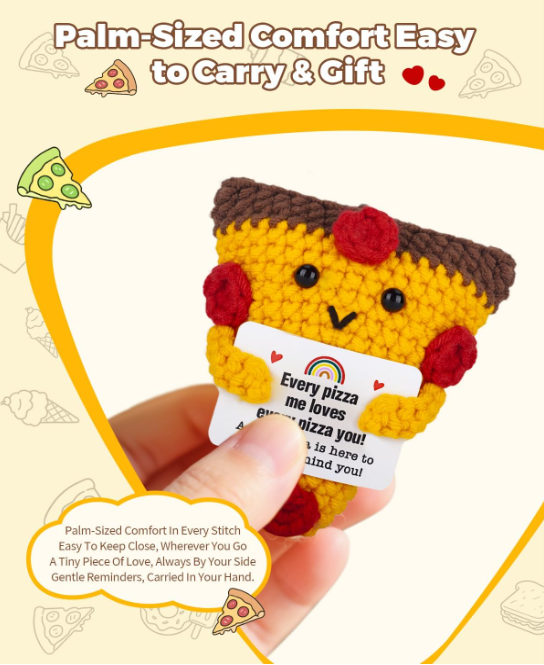 Hand holding a small, plush pizza-shaped toy with a message card on a beige background.