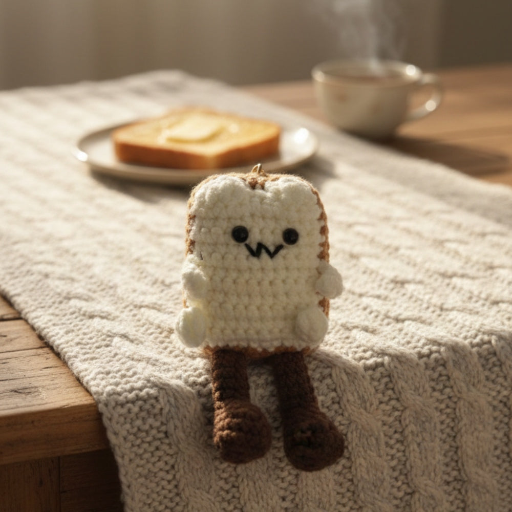 Crocheted toy resembling a slice of bread with a face on a textured surface with toast and a cup in the background.