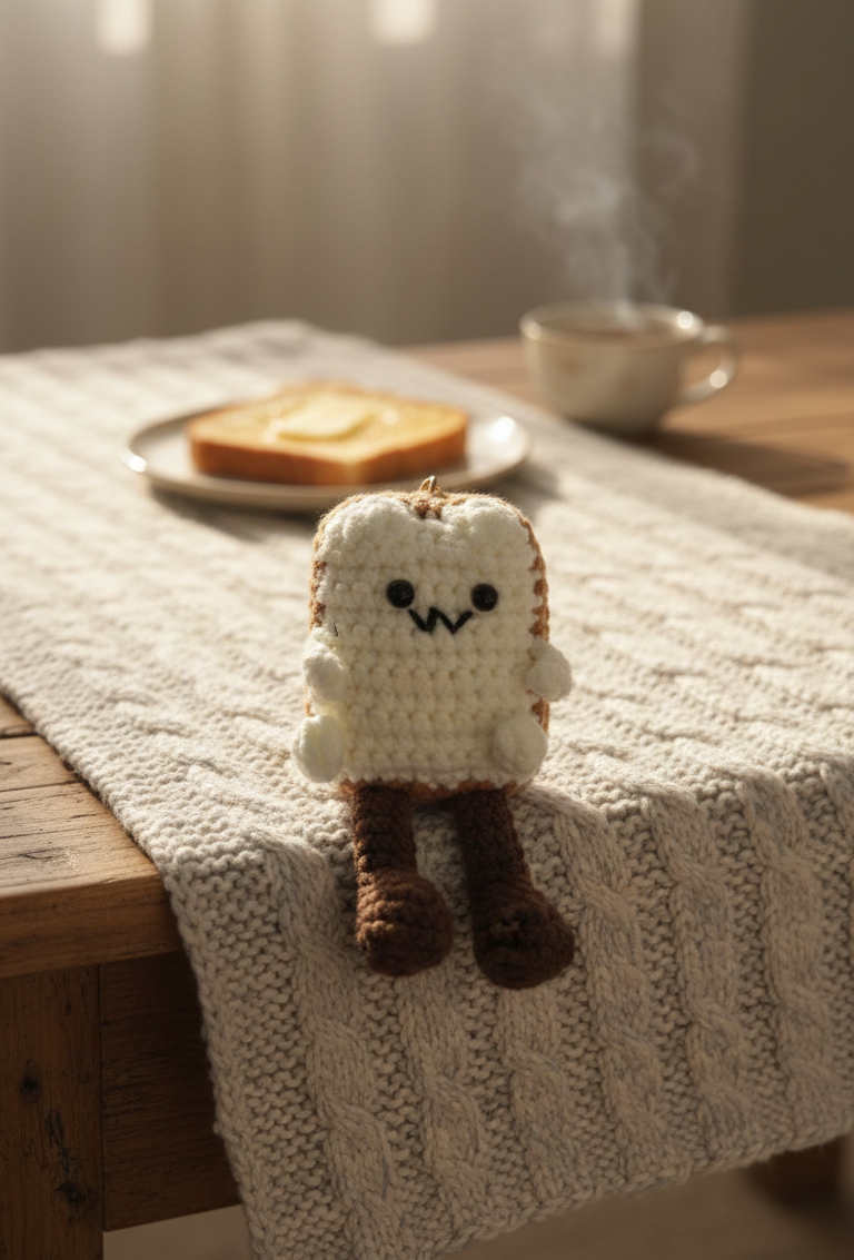 Toy resembling a piece of toast on a wooden table with a cup and plate in the background.