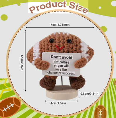 Crocheted dog plush toy with a motivational sign, surrounded by product size measurements on a colorful background.