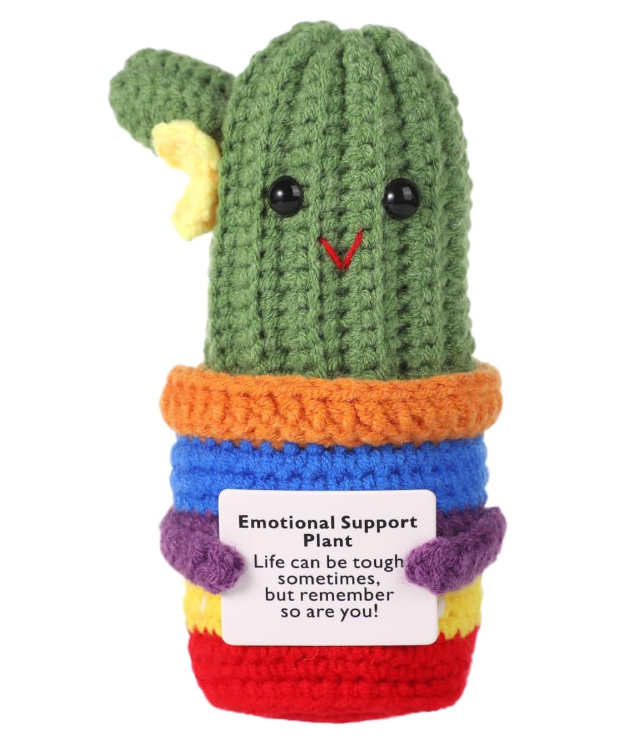 Crocheted cactus plush toy with a colorful pot and a message card on a white background