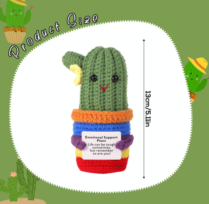 Knitted cactus toy with colorful base and size measurement on a green background